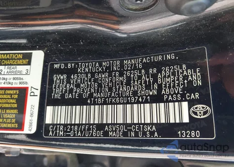 2016 Toyota Camry Se z USA, uszkodzony, nr VIN 4T1BF1FK6GU197471